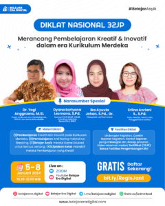 Read more about the article Pendaftaran Diklat Nasional 32JP : Merancang Pembelajaran Kreatif & Inovatif dalam Era Kurikulum Merdeka (Pelaksanaan 5-8 Januari 2024)