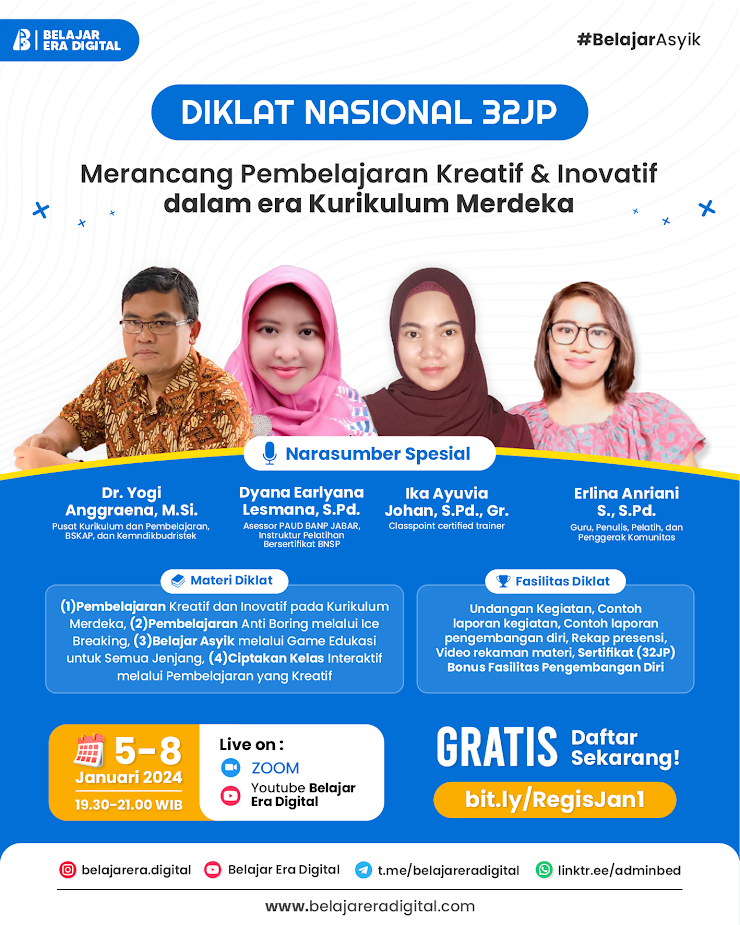 Pendaftaran Diklat Nasional 32JP : Merancang Pembelajaran Kreatif & Inovatif dalam Era Kurikulum Merdeka (Pelaksanaan 5-8 Januari 2024)